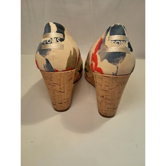 Toms Shoes Twill Wedge Cork 3" Heel Peep Toe Slip On Sandals Multicolor Size 7.5 - Picture 5 of 9